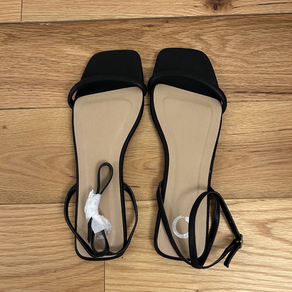 Black Strappy Ankle Wrap Flats. Size 10